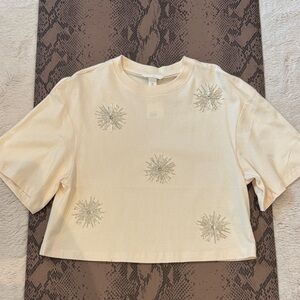 H&M Cream Cropped Tee with Silver Sequin Starbursts